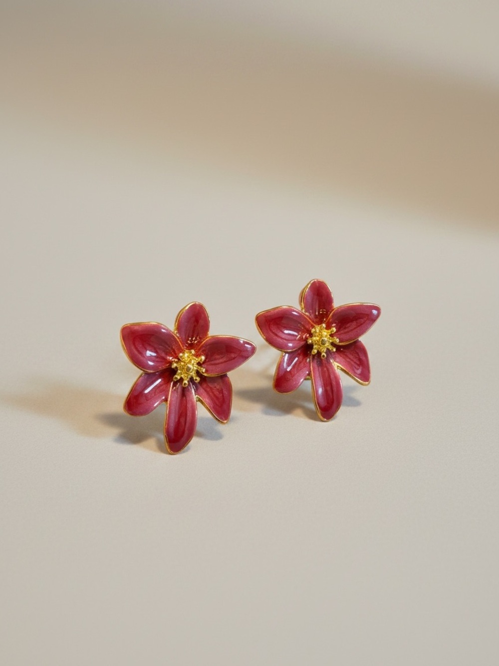 Gold-Trim Red Flower Stud Earrings - Women Jewelry